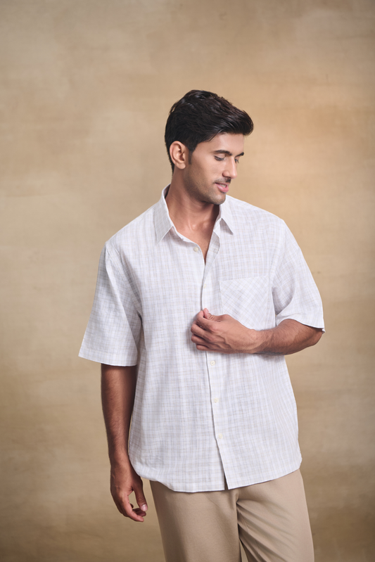 Cotton Linen Blend Half Sleeves Oversize Shirt - Brown