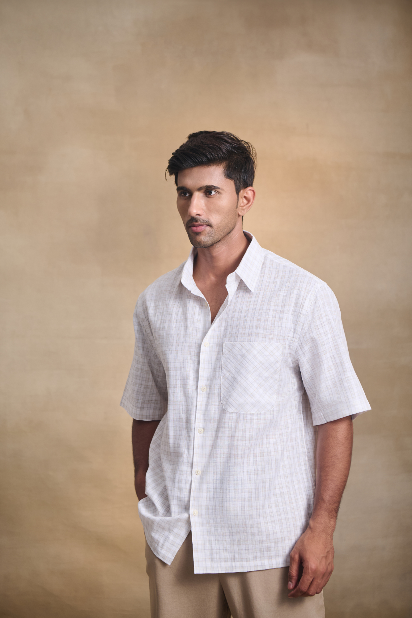 Cotton Linen Blend Half Sleeves Oversize Shirt - Brown