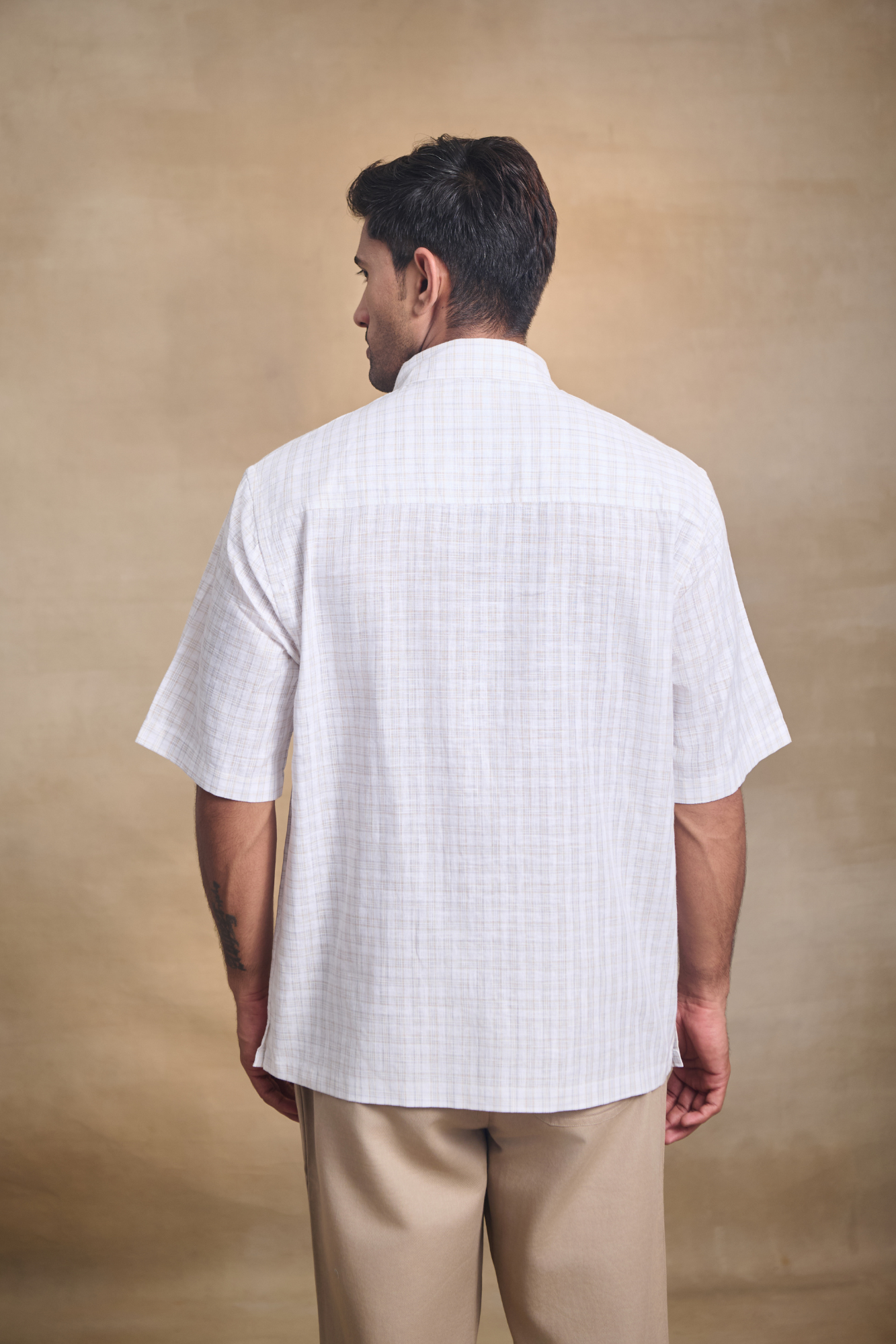 Cotton Linen Blend Half Sleeves Oversize Shirt - Brown