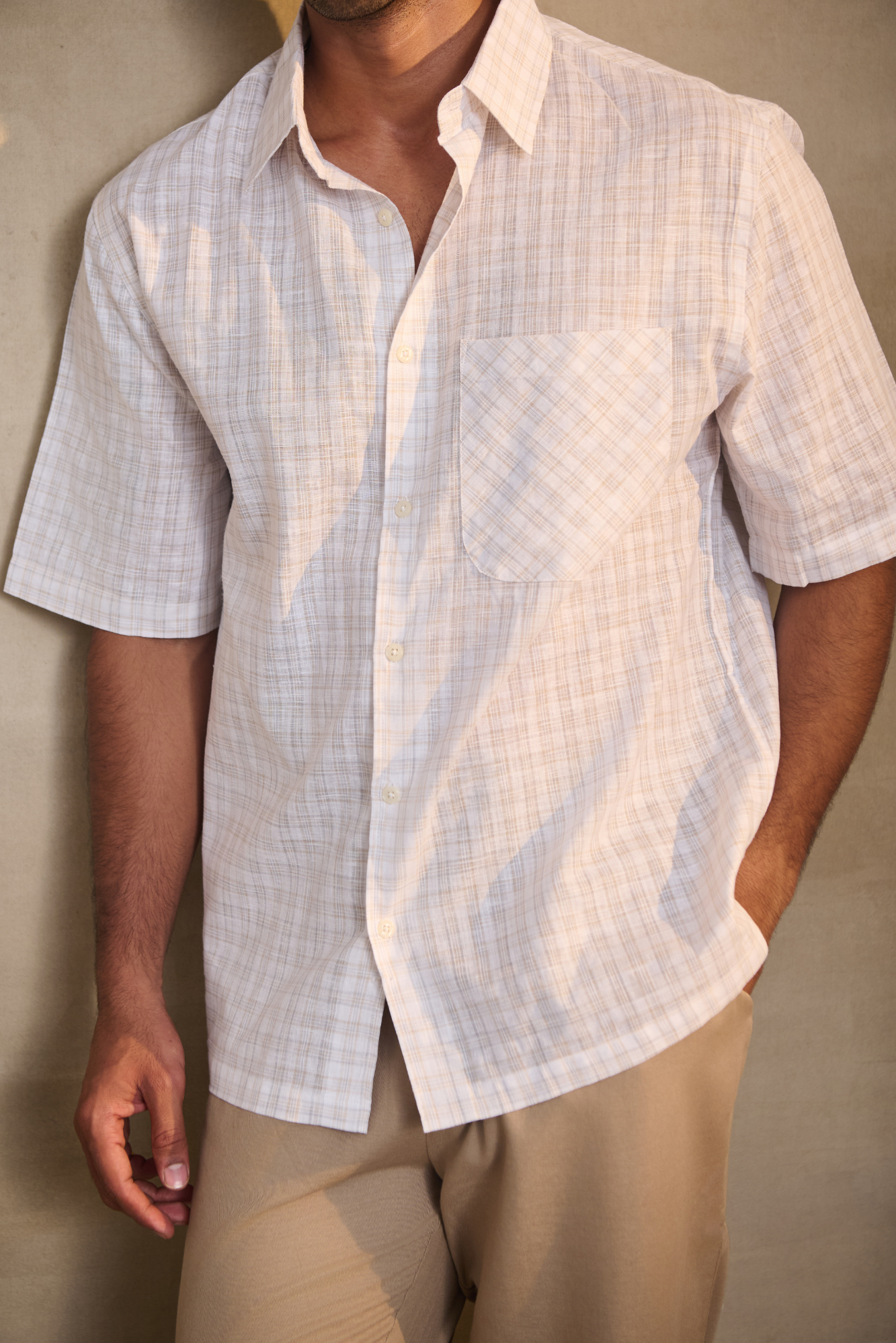 Cotton Linen Blend Half Sleeves Oversize Shirt - Brown