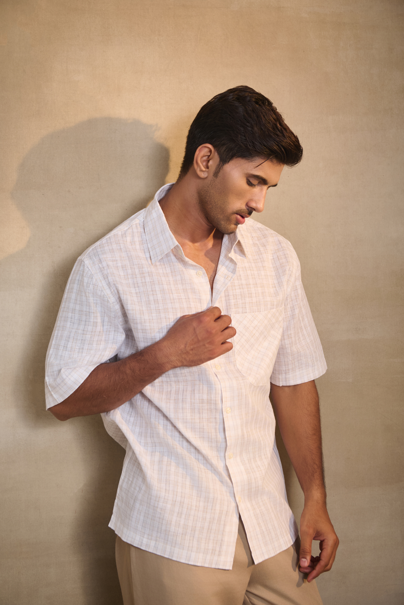 Cotton Linen Blend Half Sleeves Oversize Shirt - Brown