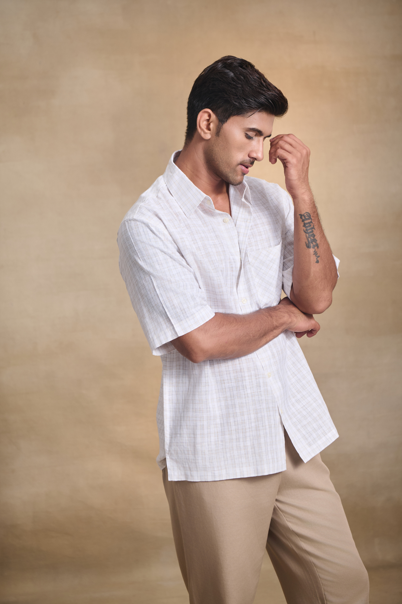 Cotton Linen Blend Half Sleeves Oversize Shirt - Brown