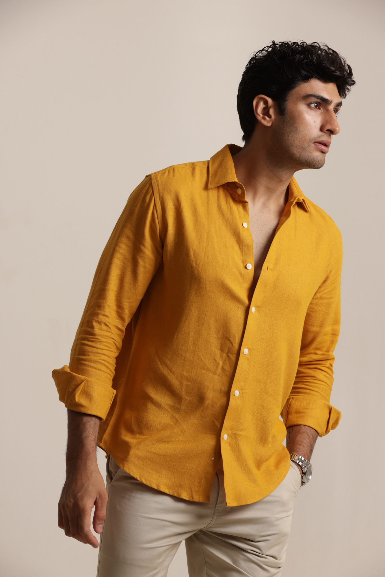 Essential Linen Cotton Blend Shirt - Mustard
