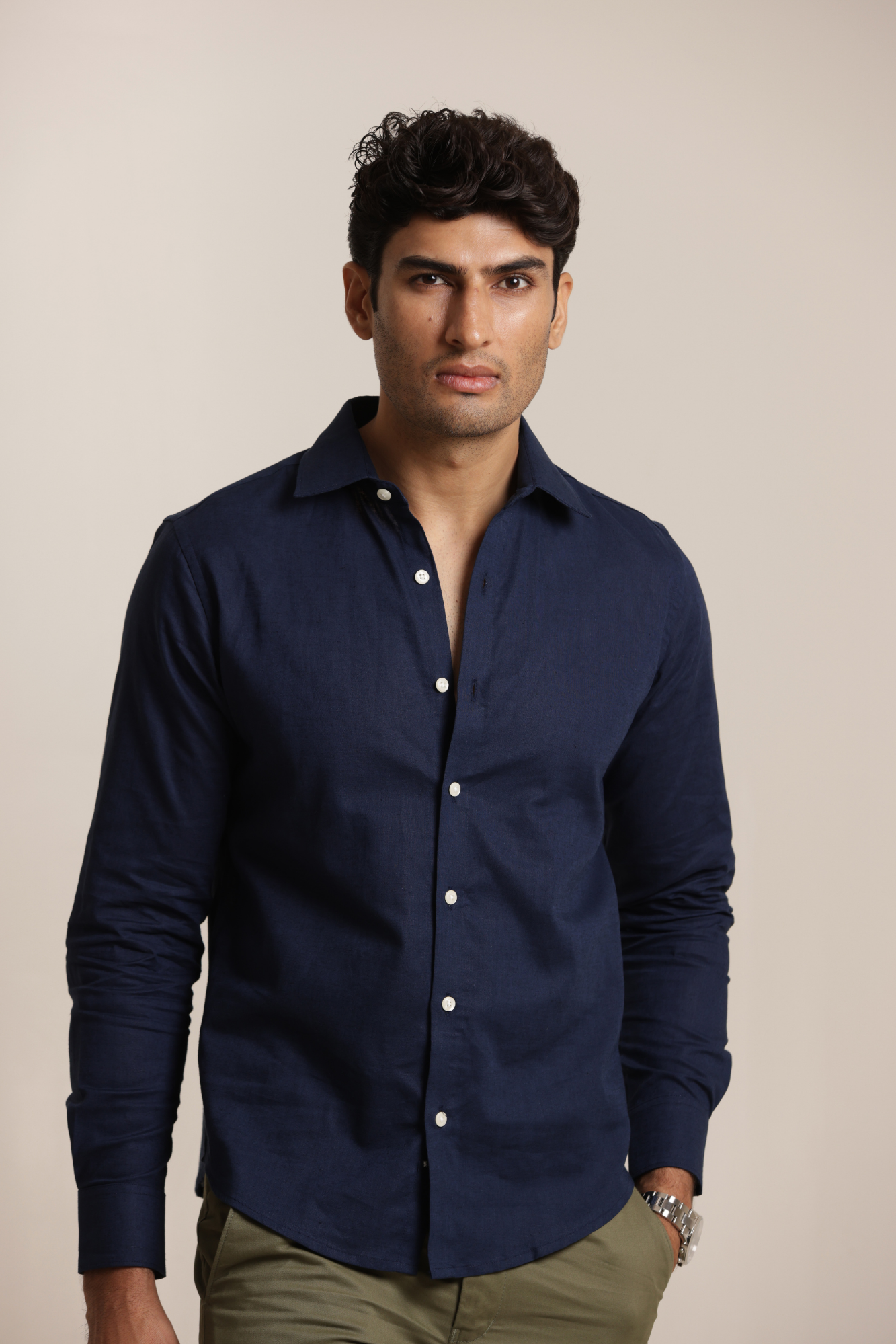 Essential Linen Cotton Blend Shirt - Navy Blue