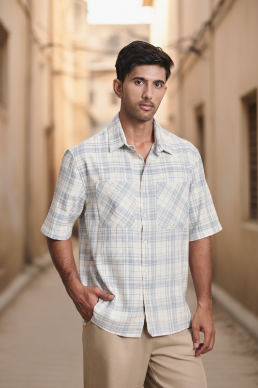 Cotton Linen Blend Half Sleeves Oversize Shirt - Off White