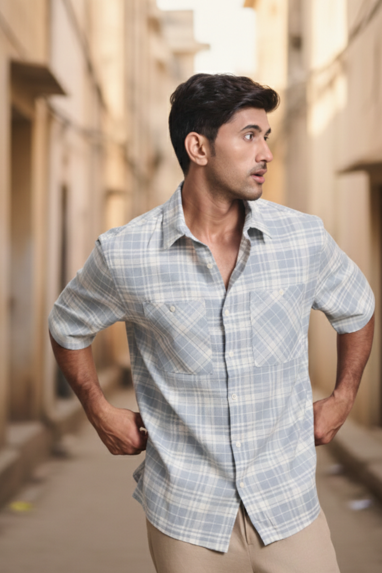 Cotton Linen Blend Half Sleeves Oversize Shirt - Blue