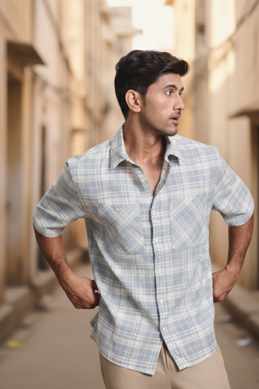 Cotton Linen Blend Half Sleeves Oversize Shirt - Blue