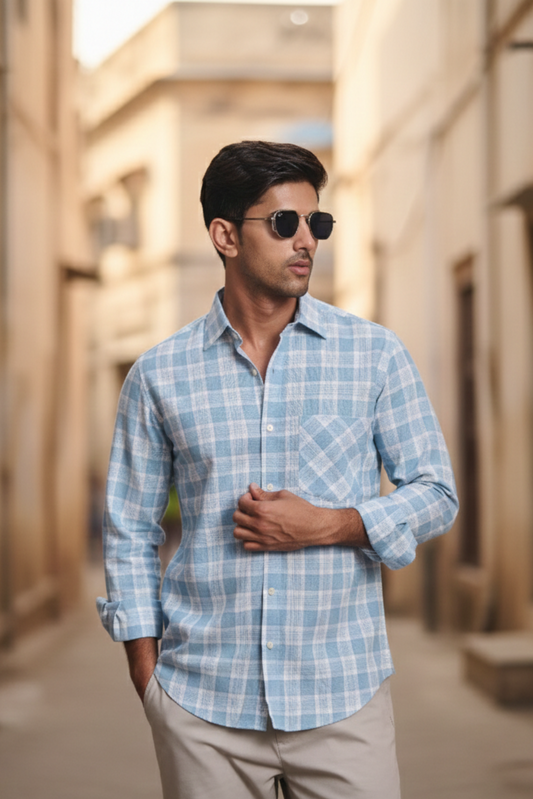 Cotton Linen Blend Check Shirt - Blue