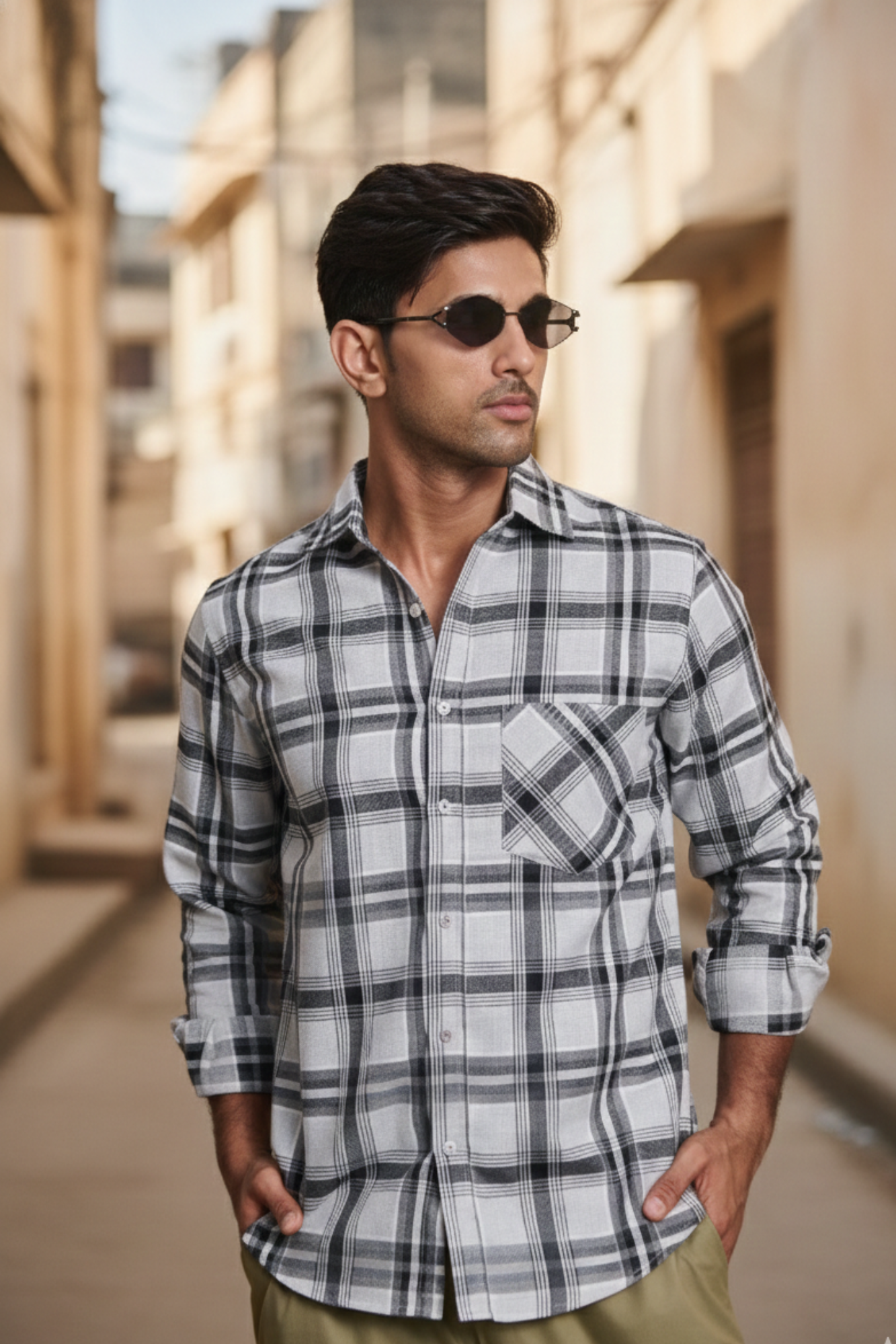 Regular Fit Melange Check Shirt - White