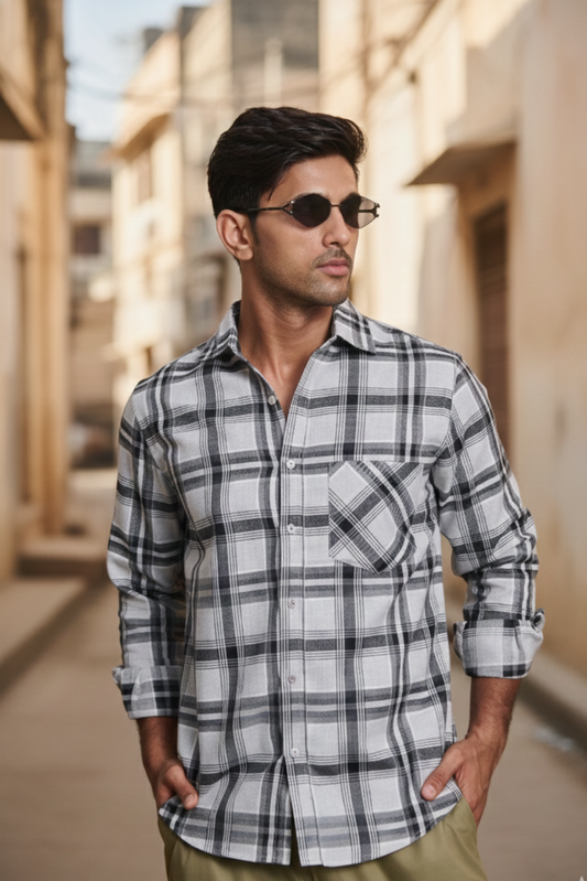 Regular Fit Melange Check Shirt - White