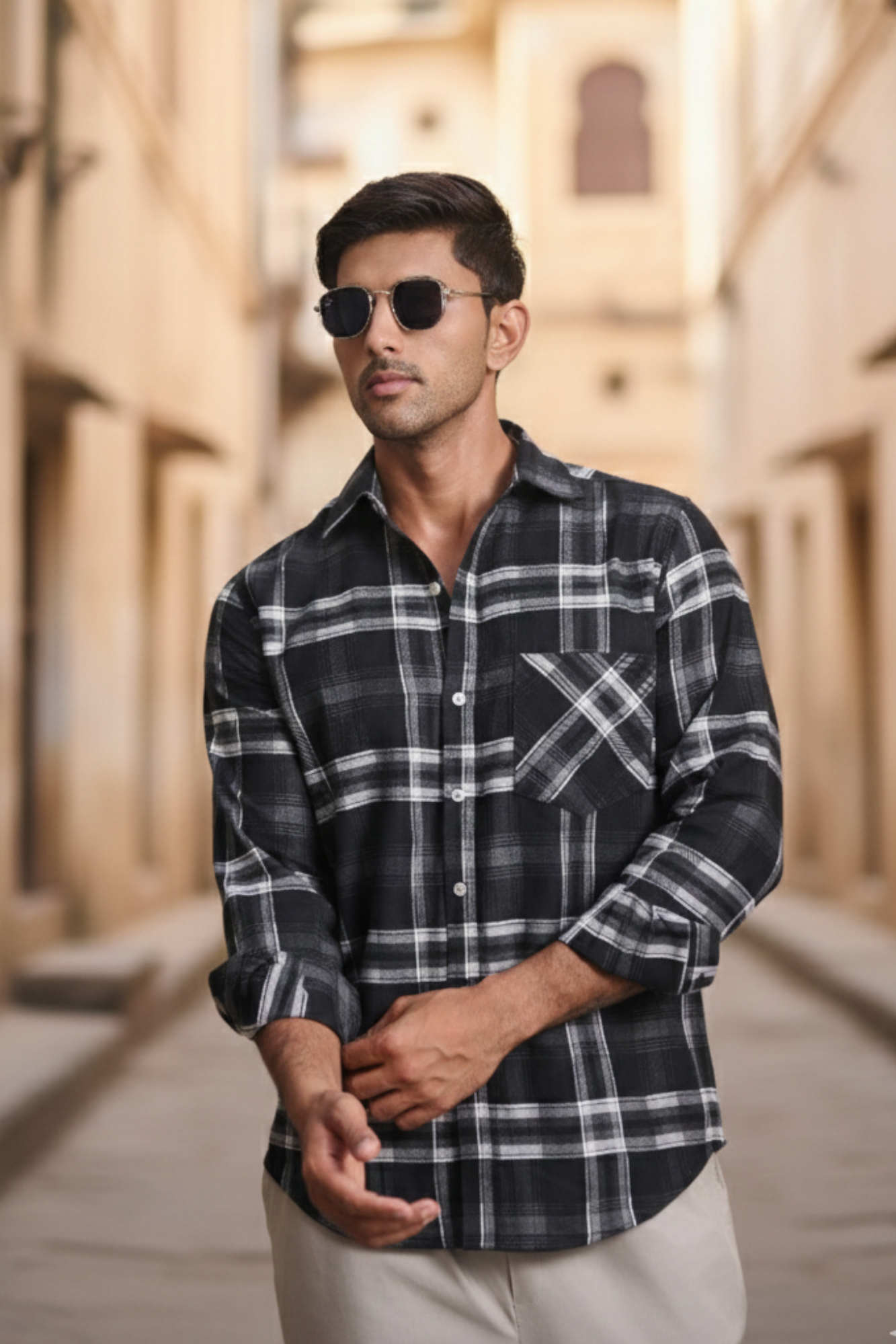 Regular Fit Melange Check Shirt - Black
