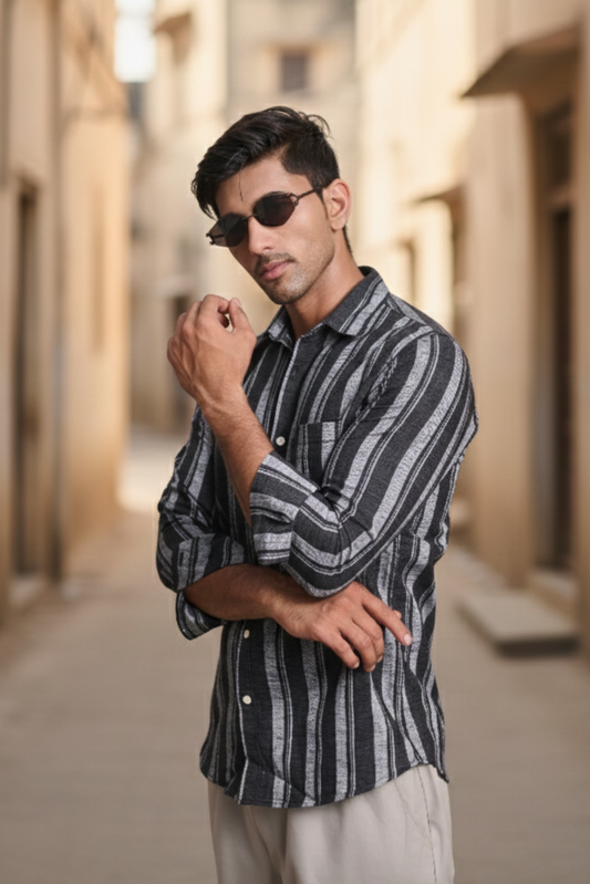 Classic Striped Shirt with Patch Pocket - Black