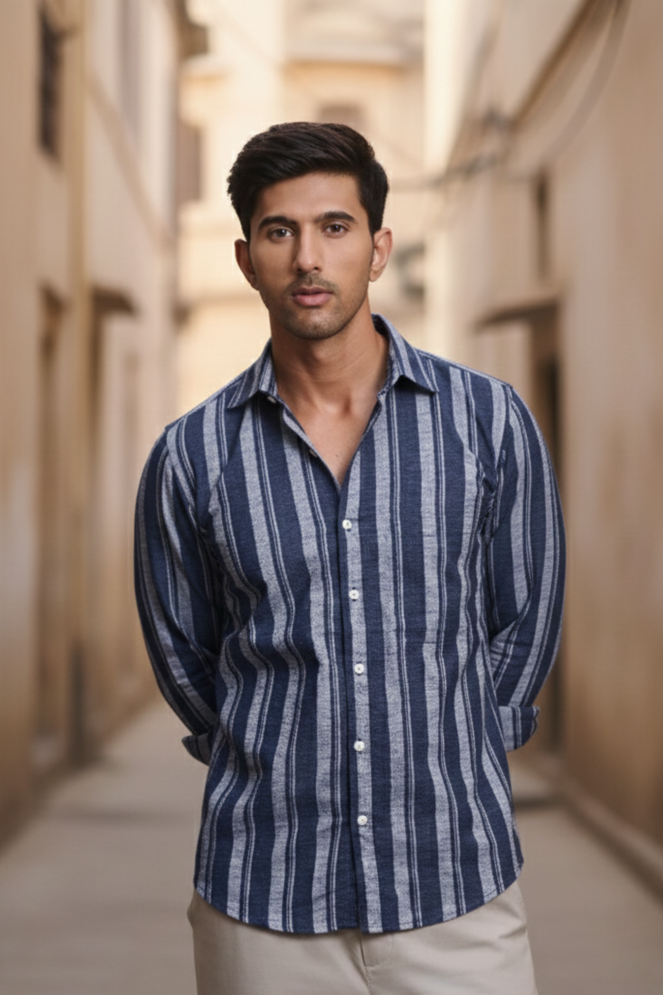 Classic Striped Shirt with Patch Pocket - Blue