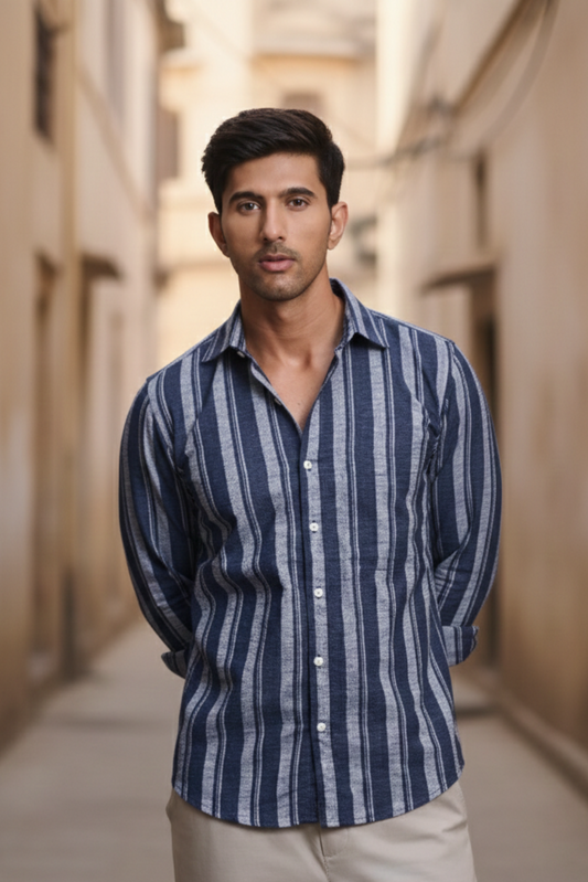 Classic Striped Shirt with Patch Pocket - Blue