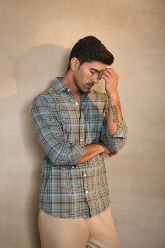 Oxford Check Shirt with 1 Patch Pocket - Dark Green