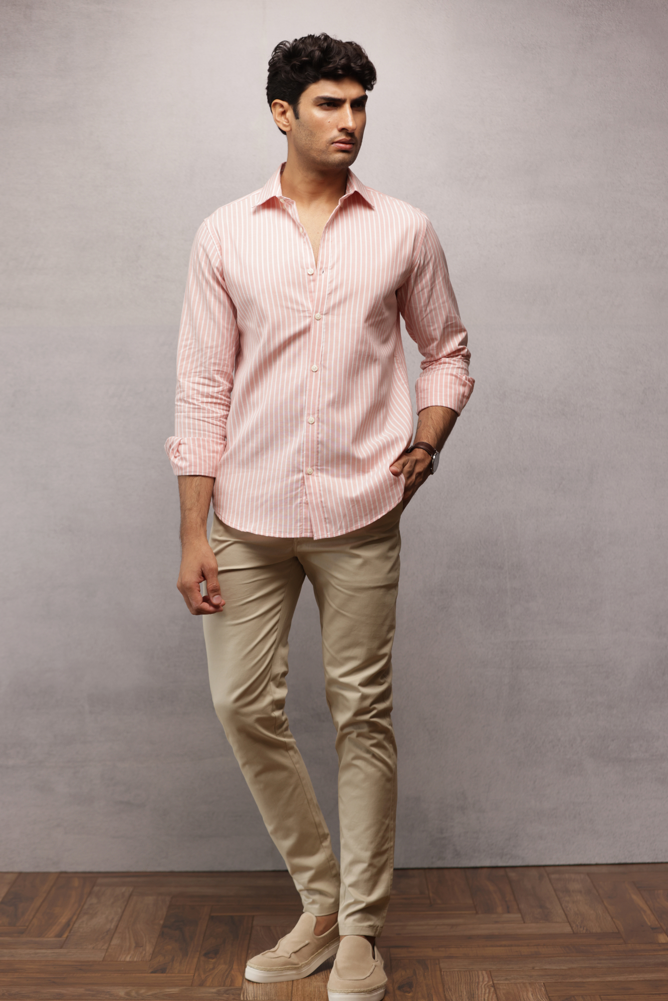 Button Down Oxford Striped Shirt - Peach