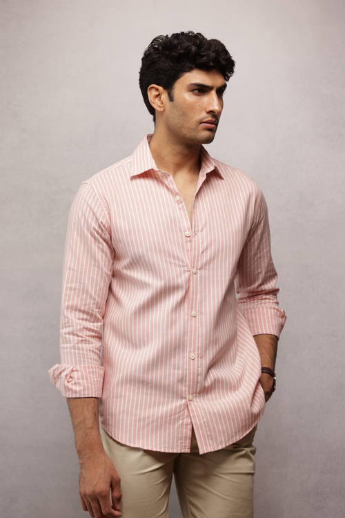 Button Down Oxford Striped Shirt - Peach