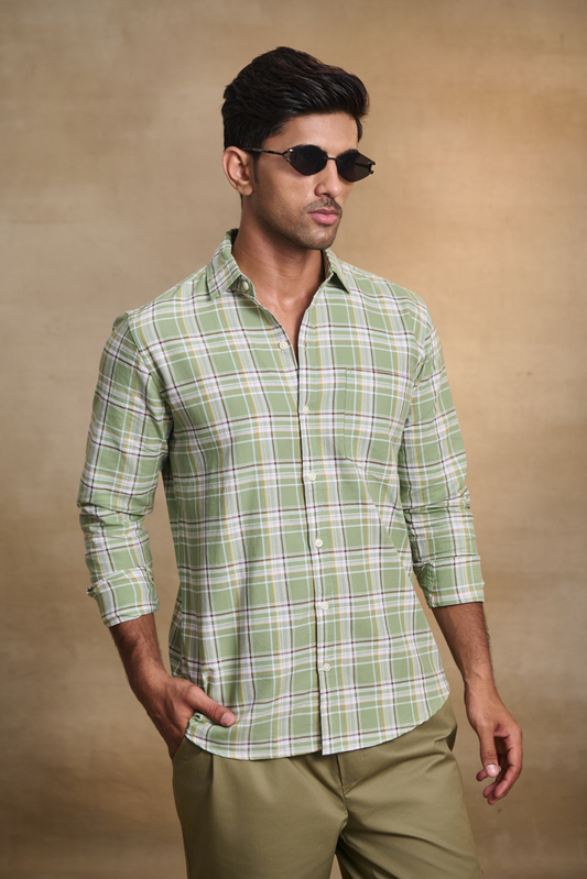 Oxford Check Shirt with 1 Patch Pocket - Light Green