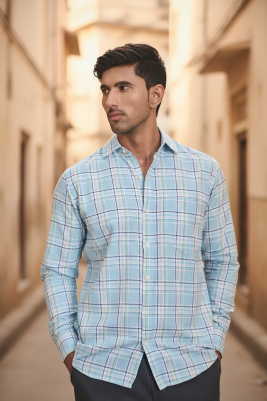 Oxford Check Shirt with 1 Patch Pocket - Light Blue