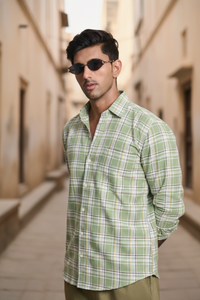 Oxford Check Shirt with 1 Patch Pocket - Light Green