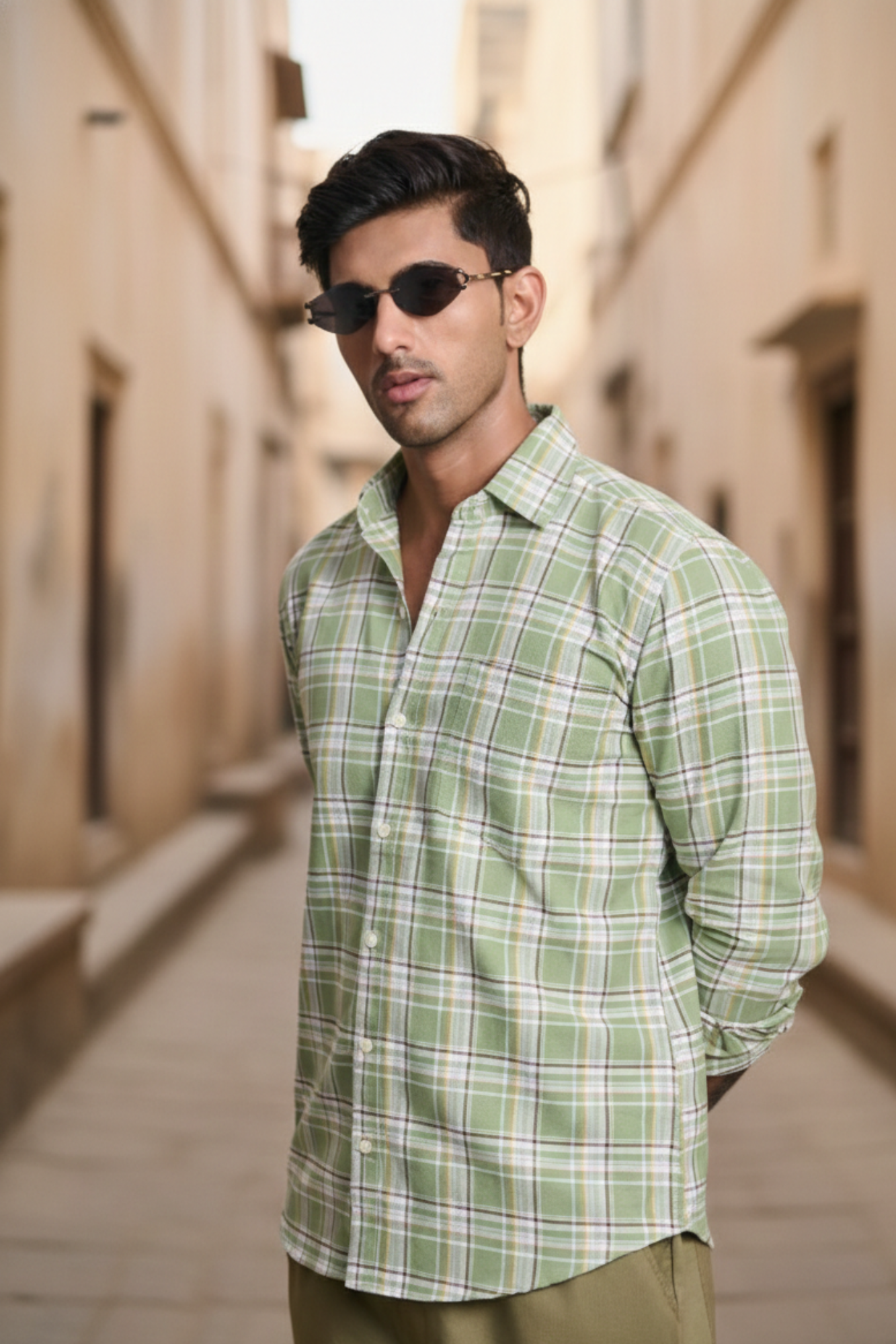 Oxford Check Shirt with 1 Patch Pocket - Light Green
