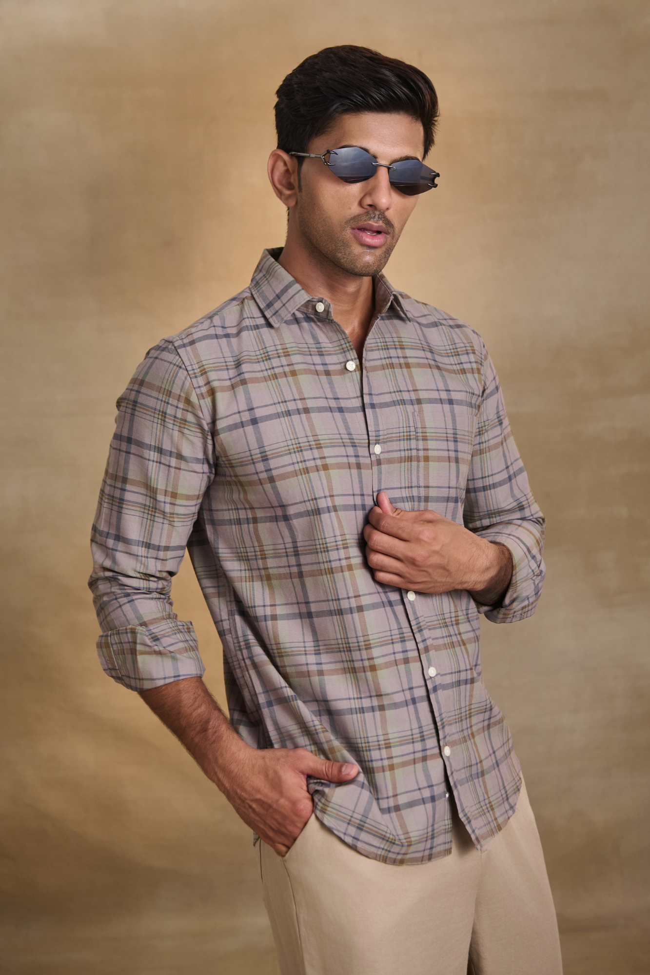 Oxford Check Shirt with 1 Patch Pocket - Dark Brown