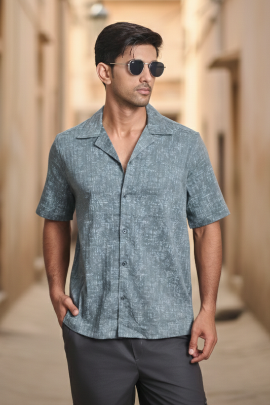 Half Sleeves Printed Cuban Collar Oversize Shirt - Green