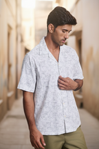Half Sleeves Printed Cuban Collar Oversize Shirt - White