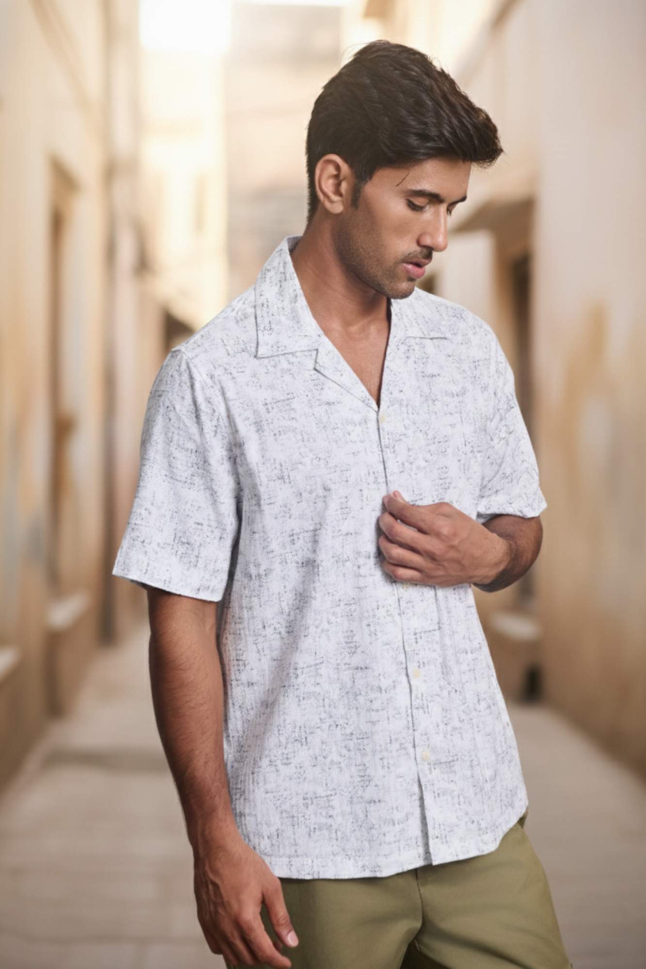 Half Sleeves Printed Cuban Collar Oversize Shirt - White