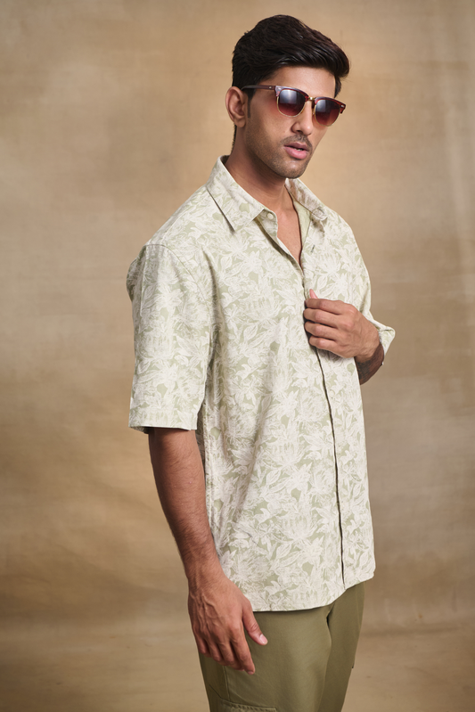 Half Sleeves Printed Classic Collar Oversize Shirt - Green