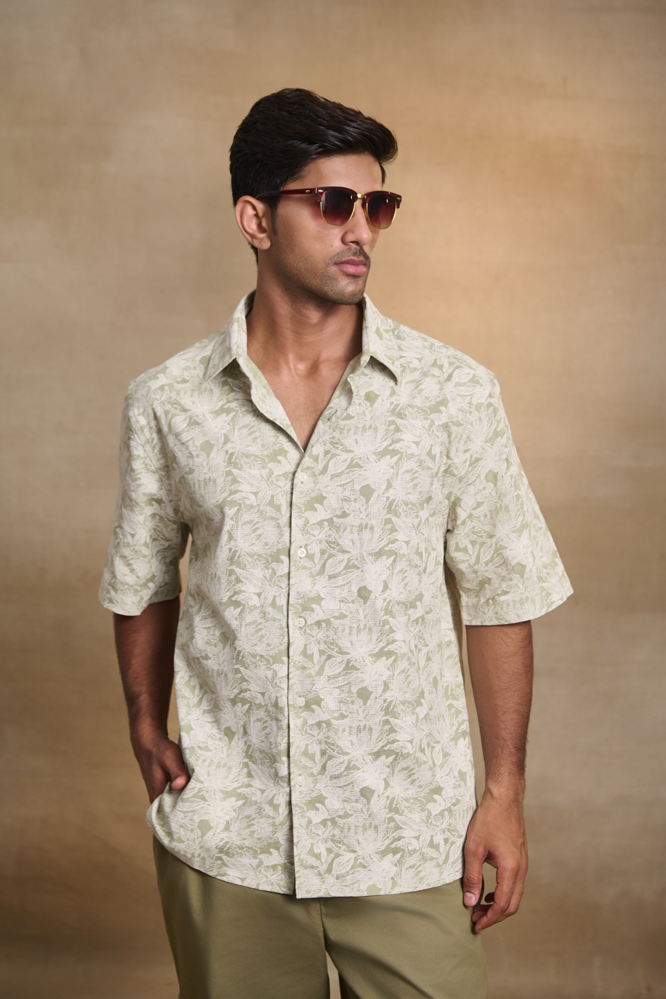 Half Sleeves Printed Classic Collar Oversize Shirt - Green