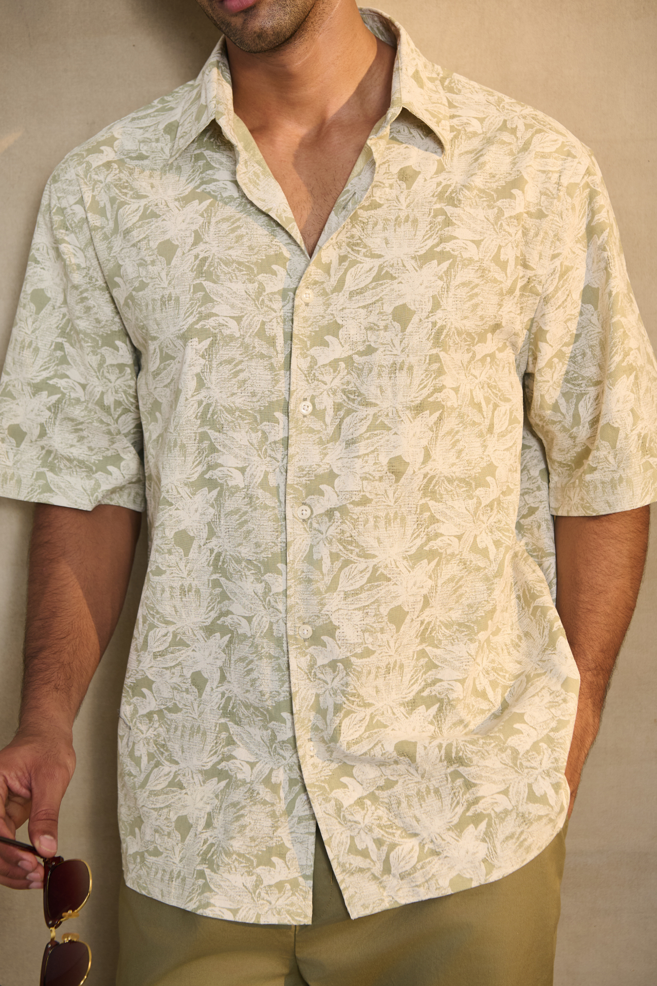 Half Sleeves Printed Classic Collar Oversize Shirt - Green