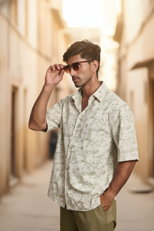 Half Sleeves Printed Classic Collar Oversize Shirt - Green