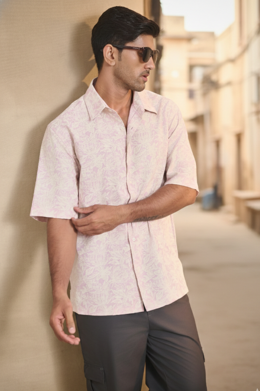 Half Sleeves Printed Classic Collar Oversize Shirt - Pink