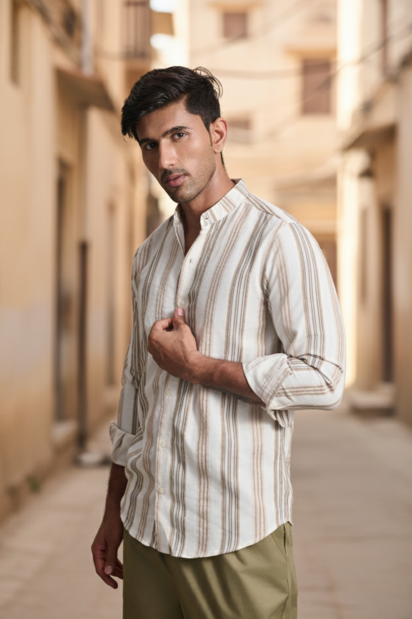 Velvet Striped Casual Shirt - Off White